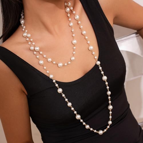 Long Pearl Necklaces for Women Pearl Long Chain Necklace Gold Chain Dainty Delicate Station Necklace Jewelry for Dress Party - color: White
