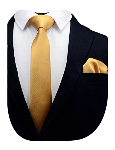 GUSLESON 2.4" Slim Necktie and Handkerchief Set For Men Solid Skinny Tie Set - color: Goldenrod