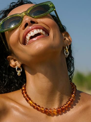 Chunky Beaded Necklace for Women, Colorful Boho Statement Necklace, Gold Chunky Resin Large Bead Necklace, Waterproof Summer Beach Jewelry Gifts for Women - color: Amber