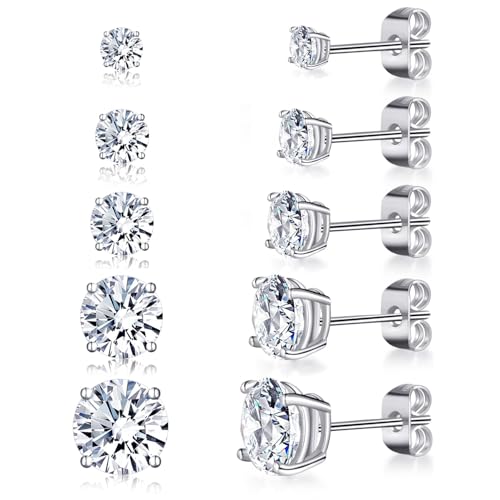 6 Pairs Cubic Zirconia Stud Earrings for Women/Men - Round Cut 4 Prong Settings 18K Gold Plated Hypoallergenic 3-8mm Clear Earrings Set - color: 3-7mm Wihte Gold - Round 4 Prong