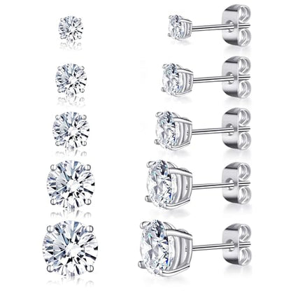 6 Pairs Cubic Zirconia Stud Earrings for Women/Men - Round Cut 4 Prong Settings 18K Gold Plated Hypoallergenic 3-8mm Clear Earrings Set - color: 3-7mm Wihte Gold - Round 4 Prong
