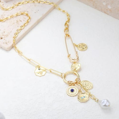 Charm Necklace for Women Gold Evil Eye Sun Moon Flower Coin Pendant Necklace Dainty Paperclip Chain Vintage Luck Amulet Choker Necklaces Celestial Jewelry Gift - style: Evil Eye,Pearl,Blue Bead