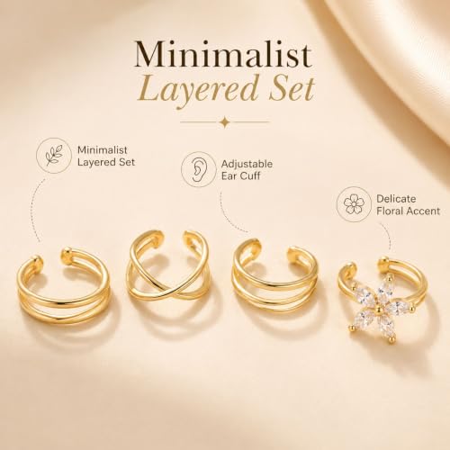 Flower Ear Cuff Set for Women Non Piercing Cartilage Earrings Clip On Wrap Cuffs Stackable Jewelry Gifts - color: B2:gold ear cuff set