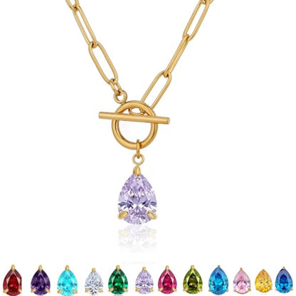 Teardrop CZ Pendant Paperclip Chain Necklace 18K Plated Paperclip Toggle Necklace Jewelry Birthstone Gift for Women - color: Alexandrite-June