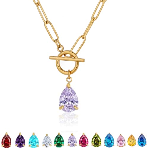 Teardrop CZ Pendant Paperclip Chain Necklace 18K Plated Paperclip Toggle Necklace Jewelry Birthstone Gift for Women - color: Alexandrite-June
