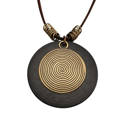 GelConnie Leather Necklace for Women Round Wooden Pendant Long Leather Choker Vintage Sweater Necklace Gold Chunky Boho Necklaces for Women - style: Black Wooden Necklae