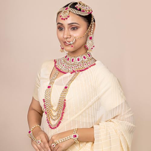 Aheli Traditional Wedding Indian Bharatanatyam jewellery set Long Choker Necklace Earrings Maang Tikka Nath Paasa Hath Phool for Women - color: Rani Pink