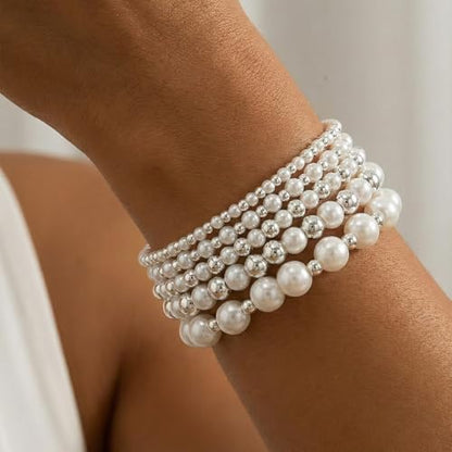 14K Gold Plated Beaded Bracelets Stack Set for Women,Stretch Boho Ball Jewelry Friendship Trendy - color: Silver pearl