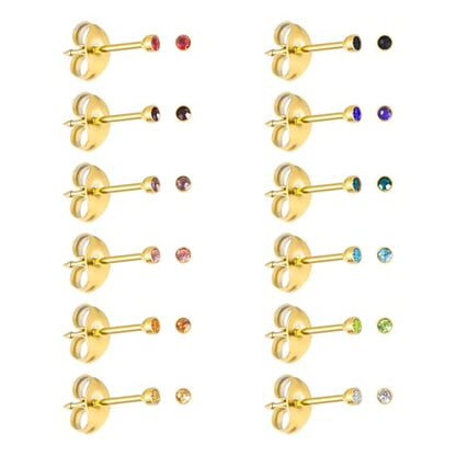12 Pairs Ear Piercing Stud Earrings for Ear Piercing Guns, Surgical Stainless Steel Multicolor Round Heart Star Cubic Zirconia Birthstone Stud Earrings Set - style: Gold round 2mm