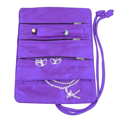 TUMBEELLUWA Embroidery Travel Jewelry Bag Roll Embroidered Flower and Bird Brocade Organizer with Tie Close - color: #7 Purple