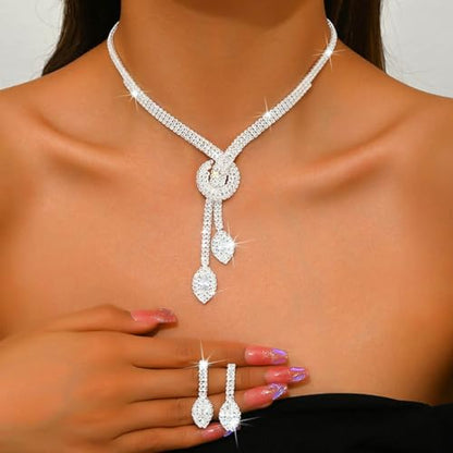 Unicra Silver Rhinestone Bridal Wedding Jewelry Set Crystal Necklace Earrings Sets Formal Prom Costume Jewelry Sets for Women and Brides - color: Silver