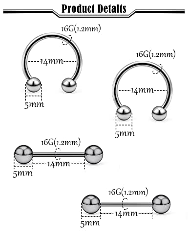 16G 14G G23 Titanium Nipple Piercing Jewelry Tongue Rings Hypoallergenic Horseshoe Captive Bead Tongue Nipple Ring Nipplerings Barbells Hoops Rings Piercing Jewelry for Women Men 14MM 3 Pairs - color: Silver Tone 16gauge