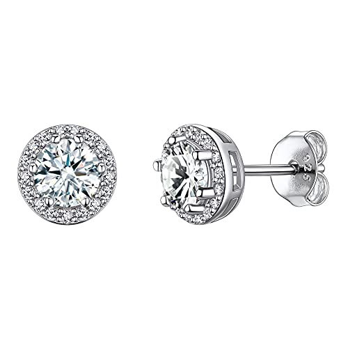 Suplight 925 Sterling Silver Birthstone Stud Earrings for Women, Round/Heart/Teardrop/Square Crystal Diamond Earrings for Women, Dainty Birthday Gifts Jewelry - color: style a-04. round-April(Clear Cubic Zirconia)