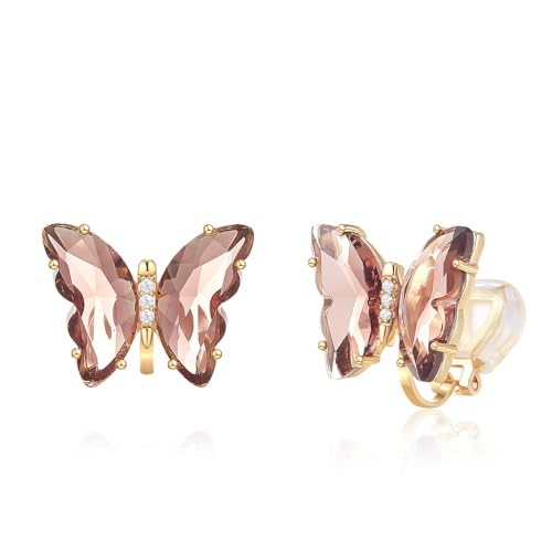 YOQUCOL Butterfly Shape Crystal Clip On Earrings Non Pierced Golden Stud for Women - color: Brown