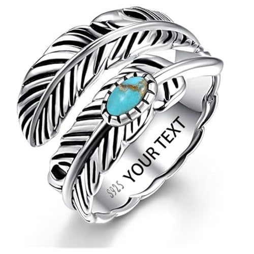AVECON S925 Sterling Silver Turquoise/Labradorite/Just Breathe/Onyx Rings | Hypoallergenic Adjustable Open Feather Gift Women Men Thumb Spoon Statement Western Band Jewelry for Anniversary - color: Custom-Turquoise