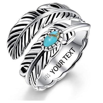 AVECON S925 Sterling Silver Turquoise/Labradorite/Just Breathe/Onyx Rings | Hypoallergenic Adjustable Open Feather Gift Women Men Thumb Spoon Statement Western Band Jewelry for Anniversary - color: Custom-Turquoise