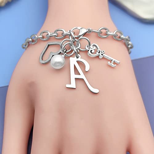 Initial A-Z Bracelets Gift for Women Girls Stainless Steel Chain Bracelet 26 Alphabet Jewelry Gifts for Birthday Anniversary Letter Bracelet Monogram Gifts for Sister Friend Girlfriends Mom 8.26 Inch - color: A