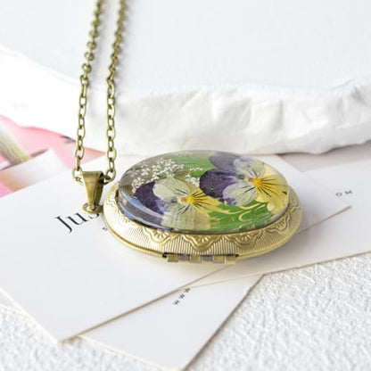 Vintage Photo Locket Necklace Handmade Pressed Flower Locket Necklace for Women - style: Pansy Style2(1.53"x 1.85")