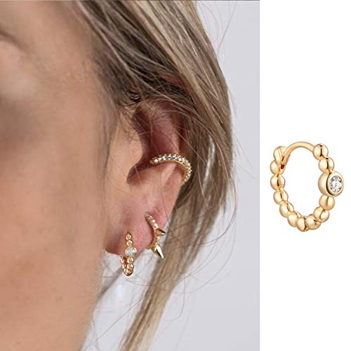 Huggie Hoop Earrings 14K Gold Plated Cubic Zirconia Dainty Simple Cute Beads Elegant CZ Circle Small Hoop Earring for Women Minimalist Handmade Hypoallergenic Jewelry - color: Beaded CZ