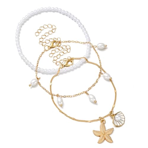 Boho Shell Ankle Bracelet Set for Women Gold Plated Adjustable Anklet Beach Inspired Foot Jewelry with Starfish & Pearl Charms - color: A