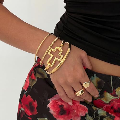 Moodear Chunky Gold Bangle Bracelets for Women, 14K Gold Plated/Silver Cuff | Chunky Statement Jewelry with Hammered Texture, Non Tarnish Gold Plated Finish, Unique Cuff Design, Lightweight Comfort - style: Cross Bangle Gold 18.5cm （≈7IN）