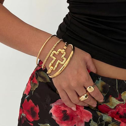 Moodear Chunky Gold Bangle Bracelets for Women, 14K Gold Plated/Silver Cuff | Chunky Statement Jewelry with Hammered Texture, Non Tarnish Gold Plated Finish, Unique Cuff Design, Lightweight Comfort - style: Cross Bangle Gold 18.5cm （≈7IN）