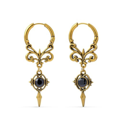 PUNKYOUTH Gothic Crest Dangle Drop Hoop Earrings Dark Alternative Piercing Jewelry 18G 1mm Antique Finish Ornate Scroll Cubic Zirconia Spike Statement Everyday Wear Accessories For Women Men - color: Crest earring-Gold