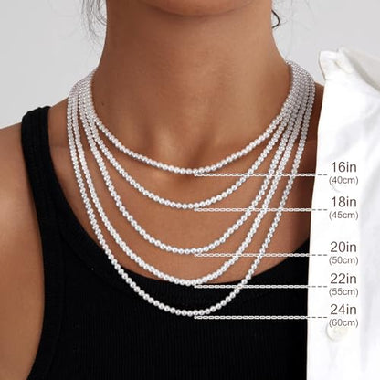 MJartoria Pearl Necklace for Men | Women, 16''-24'' Pearl Necklaces, 4mm/6mm/8mm White Faux Pearl Choker Necklace Trendy Jewelry Gifts for Women Men - size: 20 inches, style: 4mm