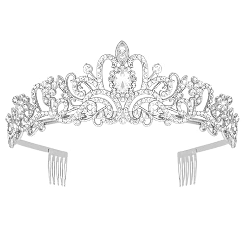 Crystal Tiara Crown Headband Princess Elegant Tiara with Combs for Women Young Ladies Bridal Wedding Prom Birthday Party, Silver - color: Silver