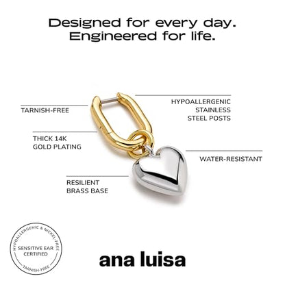 Ana Luisa Puffed Heart Earrings - Heart Charm Huggie Hoops and Earring Stud Styles - Dainty 14K Gold Plated, Silver Rhodium Plated & Mixed Metal Silver & Gold Earrings - Hypoallergenic Water-Resistant - color: Two Tone