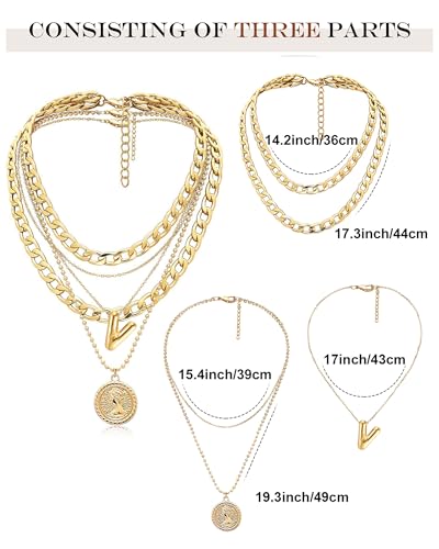 MJartoria Layered Necklaces for Women Trendy Balloon Initial Coin Pendant Necklace Dainty Chunky Chain Choker Necklaces Jewelry Birthday Gifts - color: Gold, style: V