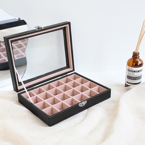 Wudygirl 24 Grid Earring Organizer Small Jewelry Box with Lid BlackPink | Ring Box with Adjustable Dividers, Velvet Lining, Ideal for Rings, Earrings, Jewelry Display, Gift Giving - style: Black Pink 24 Grid