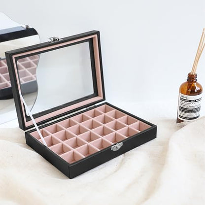 Wudygirl 24 Grid Earring Organizer Small Jewelry Box with Lid BlackPink | Ring Box with Adjustable Dividers, Velvet Lining, Ideal for Rings, Earrings, Jewelry Display, Gift Giving - style: Black Pink 24 Grid
