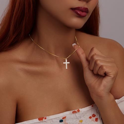 Poxtex Cross Necklace for Women Teen Girls, Dainty 14K Gold Silver Plated Cross Choker Jewelry Non Tarnish Waterproof Cute Simple Small Necklace Christian Baptism Religious Faith Jewelry Gifts - color: 03 Gold Diamond Cross Necklace