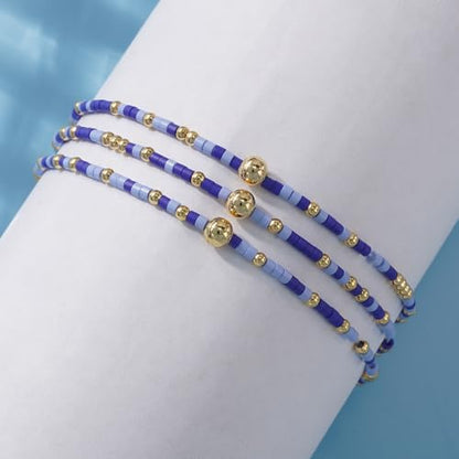 Colorful Gold Beaded Bracelets for Women Boho Tiny Gold Plated Ball Stretch Stackable Small Seed Beads Bracelet Stack Trendy Jewelry Set Dainty Vacation Friendship Christmas Gifts for Women - color: Blue