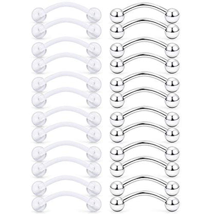 SCERRING 14G Clear Acrylic Bioflex & Stainless Steel Curved Barbell Nipplerings Snake Eyes Tongue Ring Piercing Retainer 16-24PCS - style: 24PCS - 12mm Clear&Silver