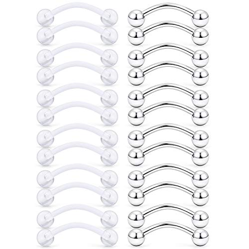 SCERRING 14G Clear Acrylic Bioflex & Stainless Steel Curved Barbell Nipplerings Snake Eyes Tongue Ring Piercing Retainer 16-24PCS - style: 24PCS - 16mm Clear&Silver