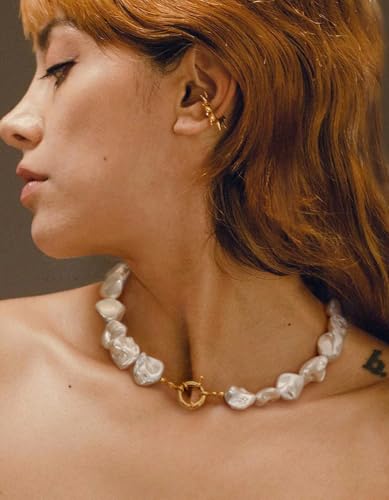 Aobei Pearl Gemstone Beaded Choker Necklace for Women Boho Turquoise/Cultured Freshwater Pearls/Garnet/Amazonite Jewelry - color: R White Shell Pearl