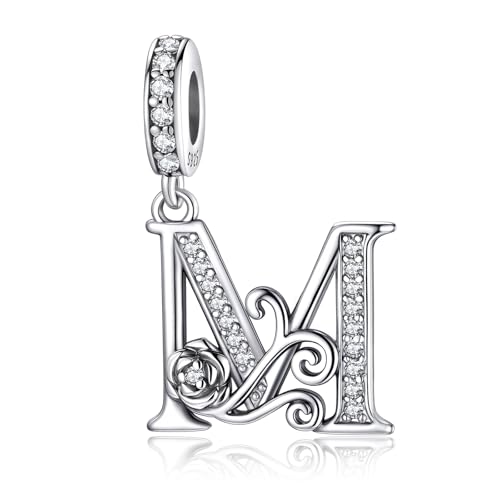 HappyStar 925 Sterling Silver Letter Charms for Bracelets Rose Alphabet Initial Dangle Pendants Fit for Pandora Charms Bracelet Charms Beads Jewelry Gifts for Women - color: Alphabet M