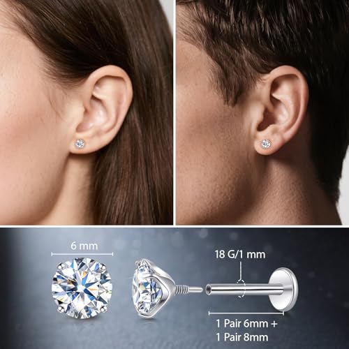 Limerencia Moissanite Internal Thread 18G Titanium Earrings, Hypoallergenic F136 Titanium Flat Back Piercing Studs, VVS1 Lab-created Moissanite Studs for Women Men Tragus Helix Cartilage Conch Labret - color: Silver, size: 6mm-1.6ct(0.8ct Each)