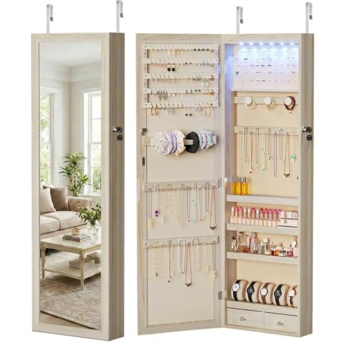 DUMOS 6 LEDs Mirror Jewelry Organizer Cabinet, Jewelry Armoire, 47.2 Inch | Hanging Door or Wall Mounted Mirror, Lockable, Large Capacity Cosmetic Storage, 2 Drawers, Gift Idea, Khaki - color: Khaki