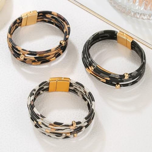 Caiyao Bohemia Multilayer Leopard Print Leather Wrap Bracelets Handmade Layered Leopard Cuff Bangle Bracelets for Women Men Party Holiday Wedding Jewelry Gifts - style: StyleB