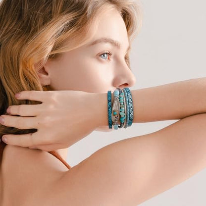 Western Turquoise Leather Cuff Bracelets Boho Feather Cowgirl Jewelry | Stackable Country Hippie Wrap Bangle Set Magnetic Clasp Chunky Beaded Stone Bohemian Statement Outfits for Women Trendy - color: Blue