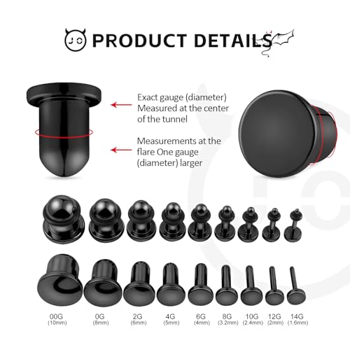9 Pairs Ear Stretching Kit Stainless Steel Ear Plugs Ear Gauges Ear Expanders Set Flat Back Earring Stretching O-Shaped Rings Body Piercing Jewelry for Men Women 14G-00G - color: Black