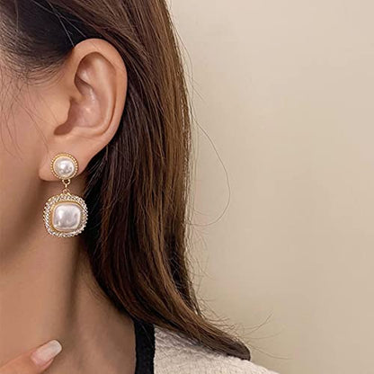 Pearl Clip on Earrings for Women Drop Clip Earrings for Women Gold Plated White Imitation Pearl Earrings Fashion - color: Square Pearl