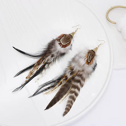 Bohemian Pheasant Peacock Long Feathers Statement Earrings Handmade Natural Lightweight Feather Dangle Earrings for Women (ea000071) - color: Brown A
