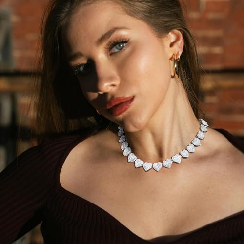 Luxval Tennis Necklace 14K Gold Plated Rhinestone Butterfly Choker Necklaces for women Dainty Zirconia Cut Faux Diamond chain 3mm - color: Silver-Heart Necklace