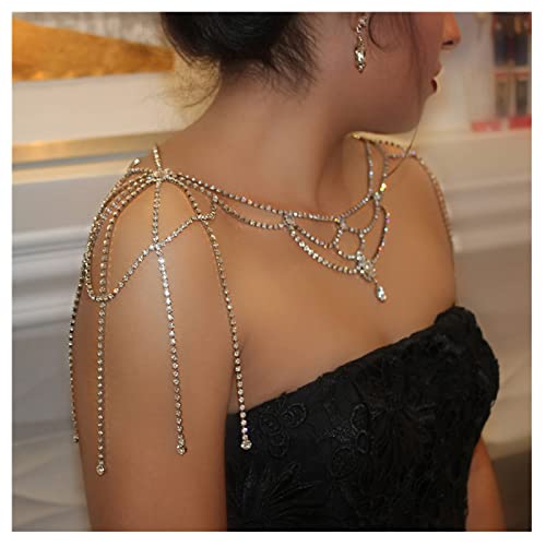 Rhinestone Tassel Wedding Backdrop Chain - Crystal Flower Shoulder Chain Necklace - Bridal Multi-Layered Body Chain Jewelry for Women - color: Shoulder Chain-silver