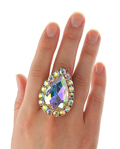 NYFASHION101 Radiant Teardrop Stone Adjustable Cocktail Statement Ring - color: Aurora Borealis/Gold-Tone