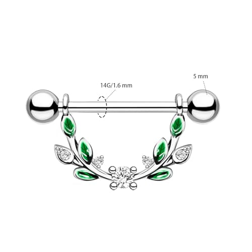 2pcs 14G Nipple Rings Flower Nipple Bars Surgial Steel 316L Nipple Piercing Jewelry Heart Nipple Barbell for Women - color: GREEN round